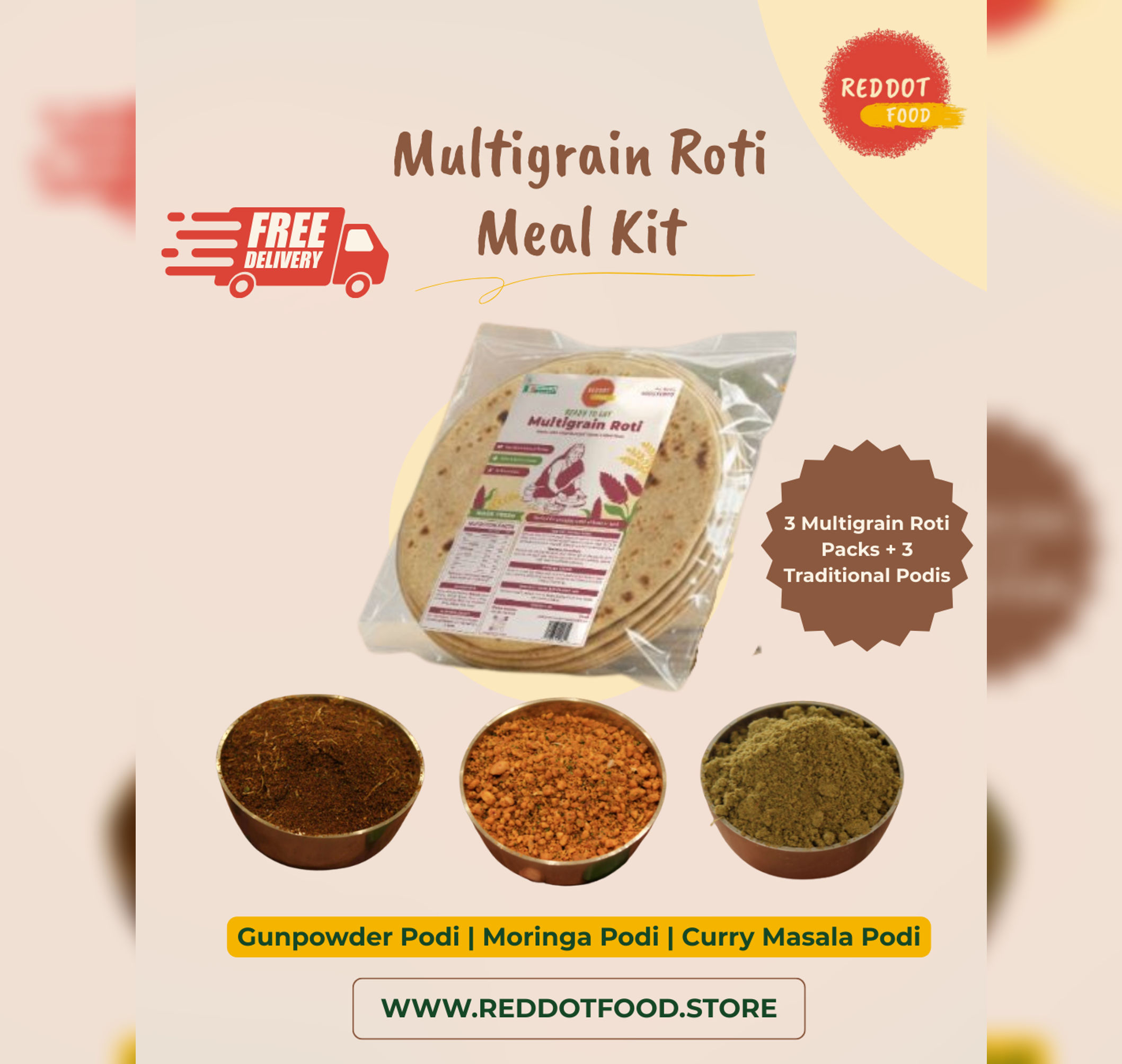 Multigrain roti meal kit with three packs of ready to eat rotis, peanut podi, moringa podi and gunpowder podi